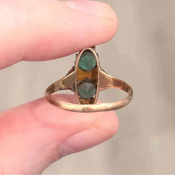 Antique Edwardian 10K Green Ring, Size 5.5, Rose Gold, Navette - Picture 15 of 17